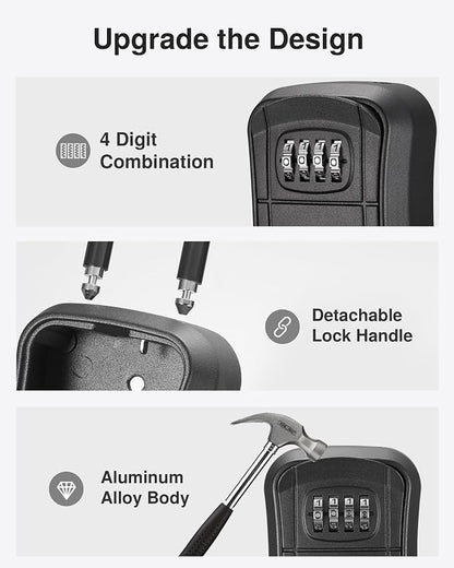 Puroma Key Lock Box Outdoor 4 Digit Code Combination Lockbox House, 4 Black | For Contractors Guest Realtor Storage Keys, Portable, Home Wall Mount, Resettable, Combination, Weatherproof, High-capacity