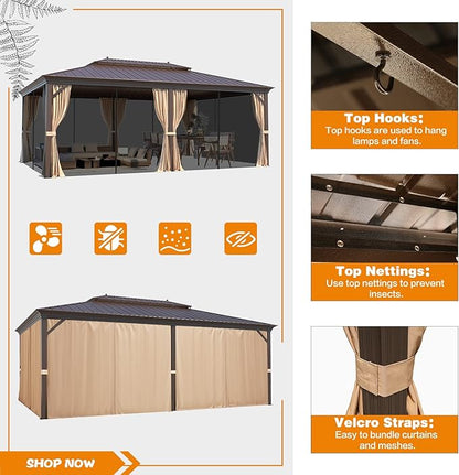 MELLCOM 14'x20' Hardtop Gazebo, Galvanized Steel Metal Double Roof Aluminum Gazebos with Curtain and Netting, Brown Permanent Pavilion Gazebo with Aluminum Frame for Patios, Gardens, Lawn