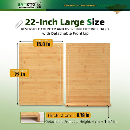 BAMOTTO CRAFTBAMBOO 15.8x22 Inch Large Bamboo Cutting Board Sink Cover | Non-Slip Detachable Lip | Reversible with Juice Groove | Kitchen Countertop Board Noodle Board | Stovetop Cover
