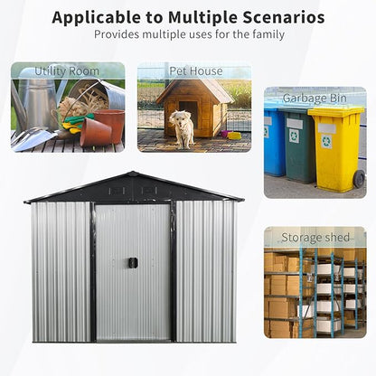 Ball & Cast 8x4FT Outdoor Storage Shed,Large Metal Tool Sheds with Window and Foundation,Garden Tool House W/Tilted Roof & Lockable Door,for Backyard Garden Patio Lawn,White+Black