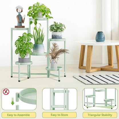 iDavosic.ly Plant Stand Indoor Outdoor, 6 Tier Corner Metal Flower Display Holder Shelf, Folding Tall Orchid Rack for Patio Balcony Porch Garden Living Room House, Light Green