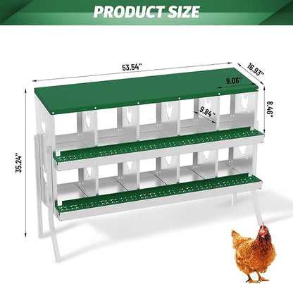 Chicken Nesting Box, Green 10 Hole Egg Laying Box with Bracket, Suitable for Chickens & Ducks, Large Holes for Ventilation, Convenient for Picking up Eggs, Fully Galvanized