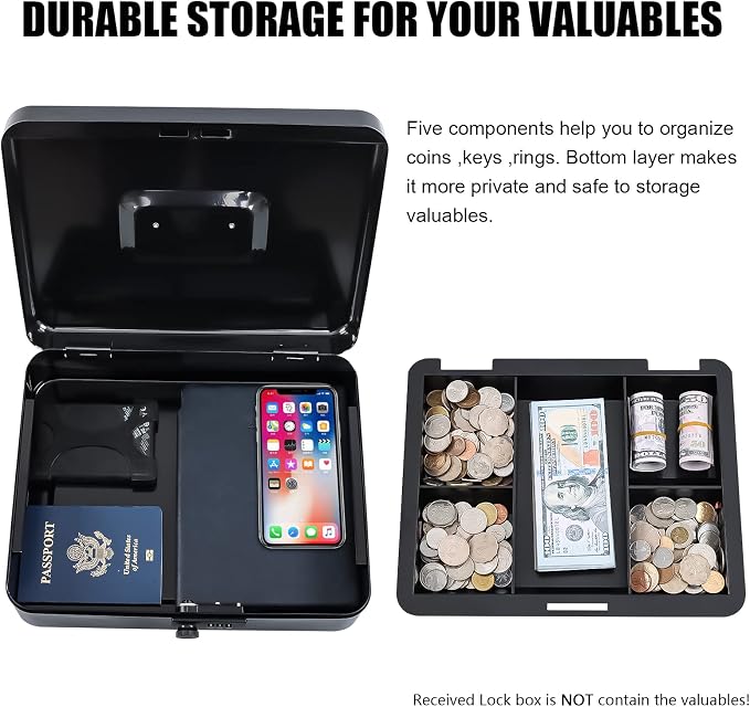 KYODOLED Metal Cash Box with Combination Lock Money Box for Cash Safe Metal Box with Money Tray for Security Lock Box 11.81"x 9.45"x 3.54" Black X Large