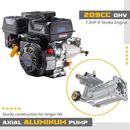 3500 PSI Gas Pressure Washer, 2.3 GPM High Power Washer with 209CC Engine, 25FT Hose, 4 Quick-Connect Nozzles, for Cleaning Walls, Vehicles, Gardens, Driveways, Concrete(Orange)