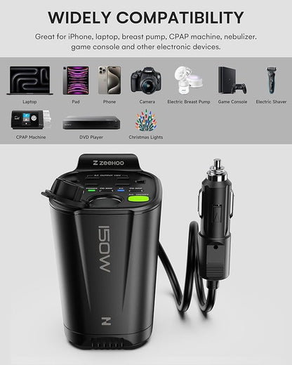 150W Car Power Inverter, 12V DC to 110V AC Car Plug Adapter Outlet Converter, with 2 AC Outlets, A 18W USB A and Dual 30W PD Car Charger, for Laptop Computer - Black
