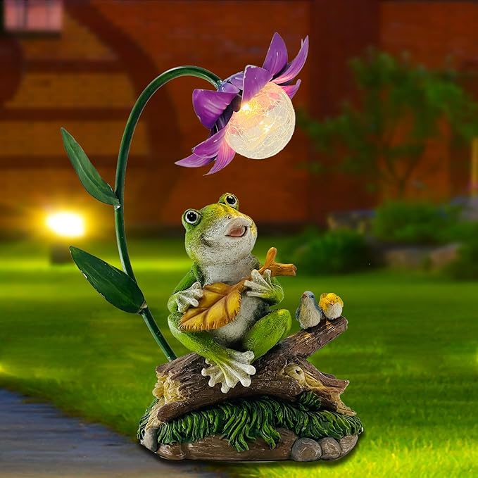 Garden Decor Statues, Outdoor Funny Frog Statue, Solar Frog Gift Sculpture Decoration for Home Patio, Yard, Lawn, Porch, Ornament