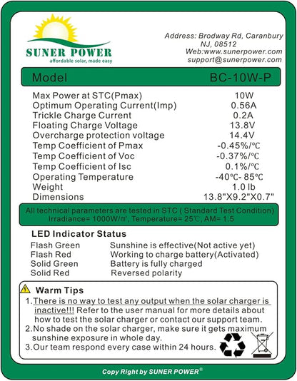 SUNER POWER 10W 12V Solar Battery Charger Maintainer, Built-in Smart MPPT Charge Controller, Adjustable Mount Bracket, Waterproof 10 Watt Solar Panel Kits for Car Automotive Boat Marine RV Trailer