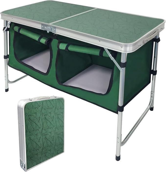 CampLand Outdoor Folding Table Aluminum Lightweight Height Adjustable with Storage Organizer for BBQ, Party, Camping