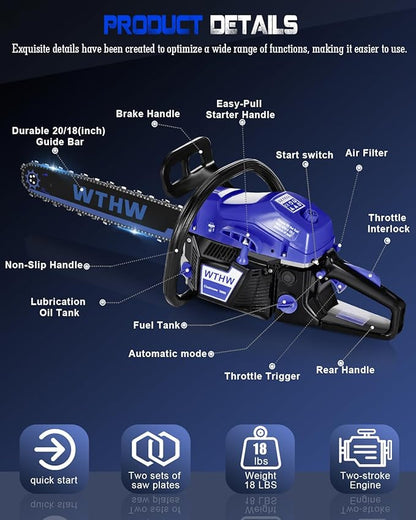 58 cc Gas Powered Chainsaw, 20 in & 18 in Quick-Switch Bars – 550 ml Fuel 260 ml Oil Tanks, Automatic Chain Oiler, Centrifugal Air Filter, Quick Start, Inertial Chain Brake (WH5808)