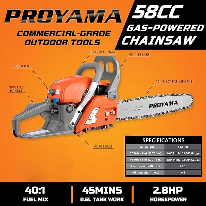 PROYAMA 58CC 2-Cycle Gas Powered Chainsaw, 16-Inch Top Handle Chain Saw, Gasoline Chainsaw 20-Inch for Tree Wood Cutting