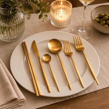 KiiZYs Matte Gold Silverware Set Cutlery Set - 14-piece 18/10 Stainless Steel Flatware Utensil Set - Korean Chopsticks Fork Spoon Knife - Reusable Dishwasher Safe - Gift Box (Gold, Service for 2)