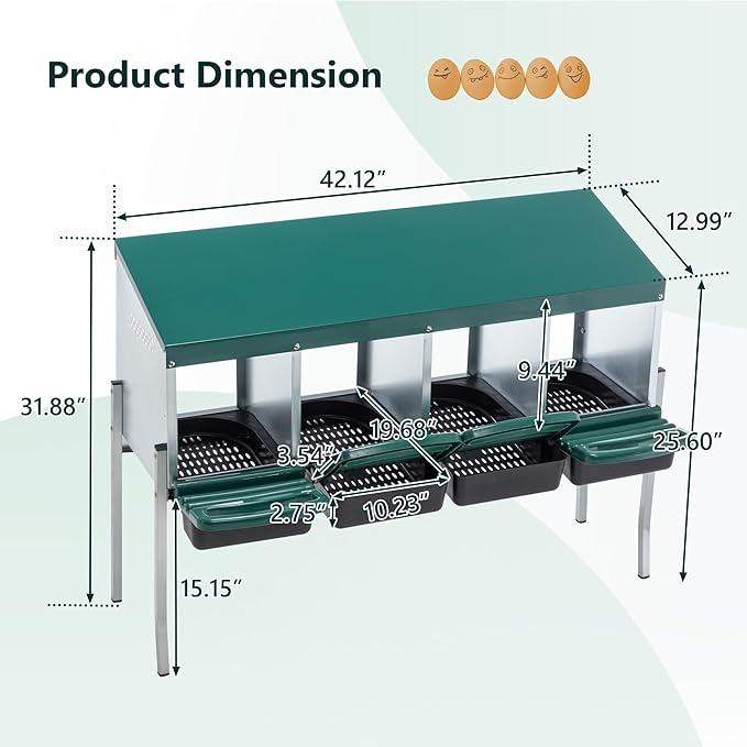 4-Compartment Chicken Nesting Boxes with Legs and Cover, Metal Nesting Boxes with Removable Tray