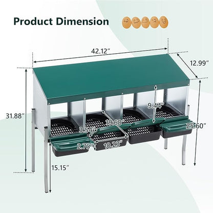 4-Compartment Chicken Nesting Boxes with Legs and Cover, Metal Nesting Boxes with Removable Tray