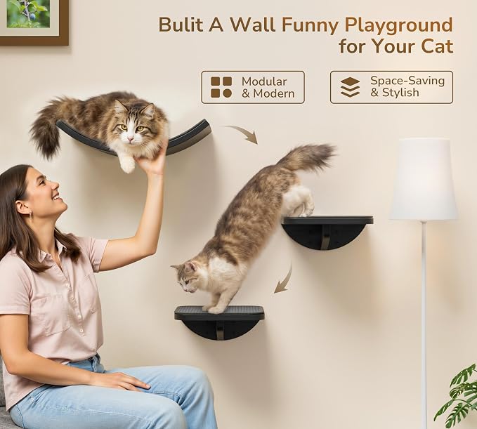 Wall Mounted Curved Cat Hammock with Grey Sisal Pad – Scratch-Friendly Cat Nest Perch for Wall – Large Floating Bed for Indoor Cats