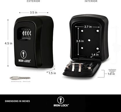 Iron Lock® Medium Wall Mount Combination Key Lock Box, Outdoor (Black) | Screw-in wall mount (4 screws + 4 anchors) — not magnetic, does not hang; weather-resistant zinc alloy, includes key hanger