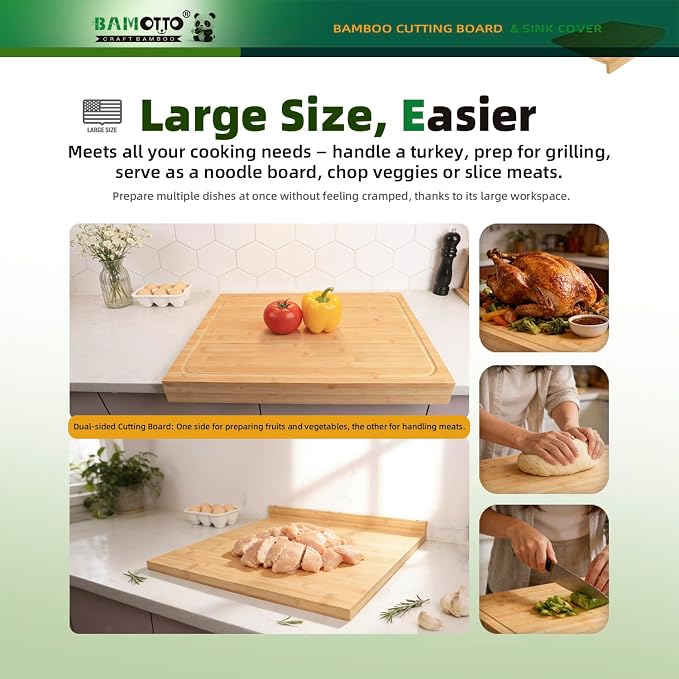 BAMOTTO CRAFTBAMBOO 21.7x18.9 in Oversized Bamboo Cutting Board Sink Cover | Non-Slip Detachable Lip | Reversible Juice Groove & Flat Side | Kitchen Noodle Board Stovetop Cover