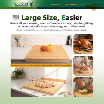 BAMOTTO CRAFTBAMBOO 21.7x18.9 in Oversized Bamboo Cutting Board Sink Cover | Non-Slip Detachable Lip | Reversible Juice Groove & Flat Side | Kitchen Noodle Board Stovetop Cover