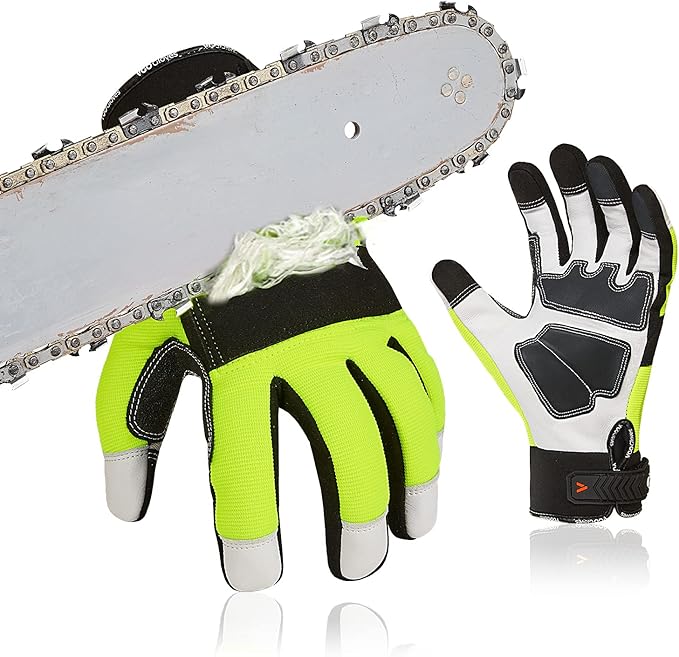 Vgo... 1Pair Chainsaw Gloves, 12-Layer Chainsaw Protection on Left Hand Back,Goat leather Work Gloves, Mechanic Gloves