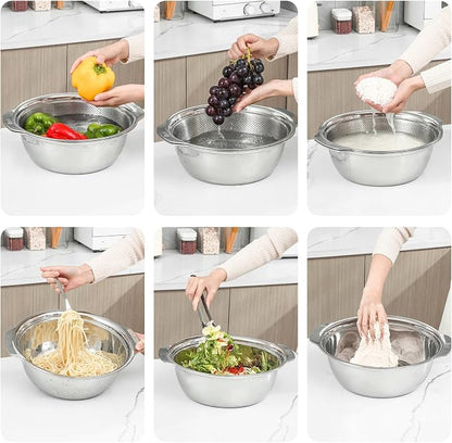 Paoli 304 Stainless Steel Fine Mesh Colander Set, 5QT Large Capacity Strainer with Mixing Bowl — Rinse Fruits, Veggies, Rice & Drain Pasta, Dishwasher Safe (2-Piece)
