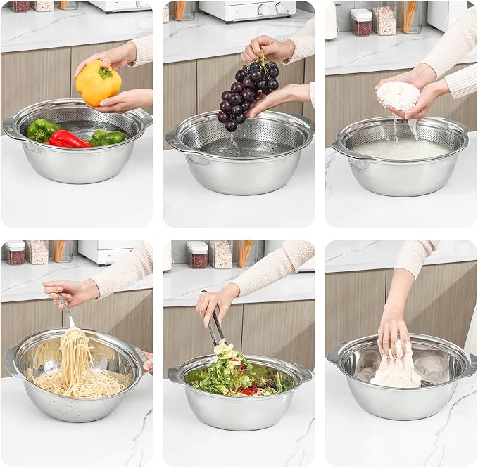 Paoli 304 Stainless Steel Fine Mesh Colander Set, 2QT Large Capacity Strainer with Mixing Bowl — Rinse Fruits, Veggies, Rice & Drain Pasta, Dishwasher Safe (2-Piece)