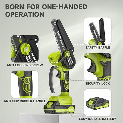 Mini Chainsaw Cordless, 6 Inch Electric Chain Saw Small Chainsaw Battery Powered, Yard Tools Garden Gifts for Men Dad Husband, Hand Saw for Branches Wood Cutting Pruning (Green)
