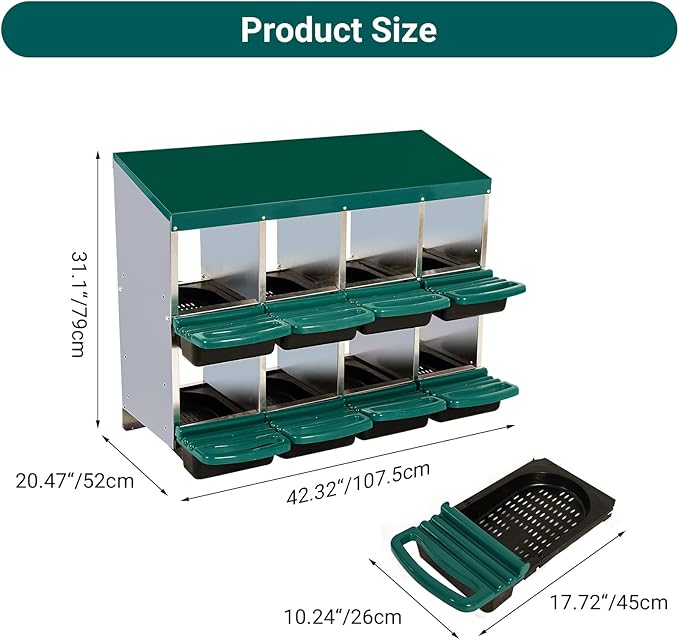 Chicken Nesting Box, 8-Hole Metal Wall Mount Chicken Laying Boxes with Legs and Lid Cover, Easy to Assemble, Roll-Away Egg Design Nesting Boxes for Outdoor Chicken Coop & Farm Yard, Green