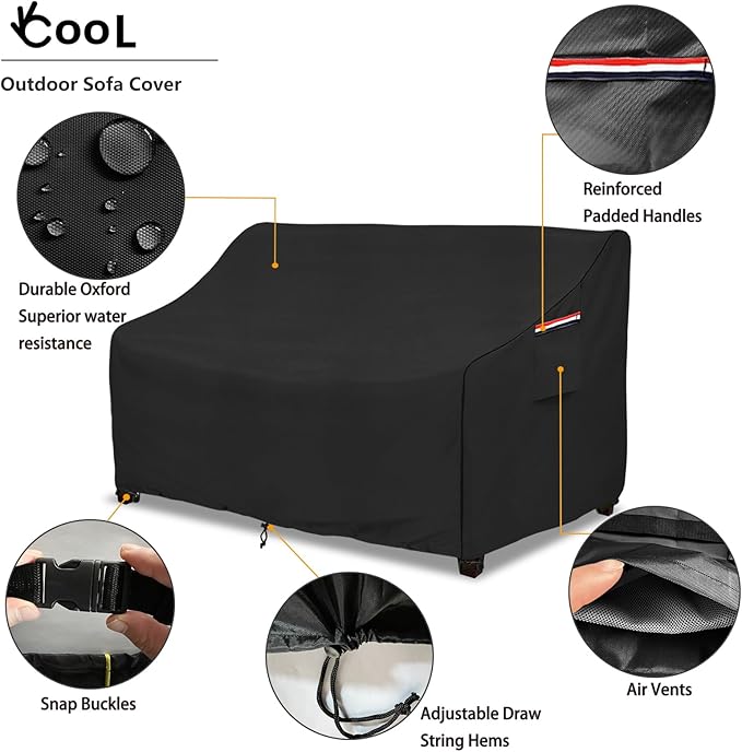 okcool Heavy Duty Patio Sofa Cover, 100% Waterproof 3-Seater Outdoor Sofa Cover Fits up to 76W x 32.5D x 33H Inches, Lawn Patio Furniture Covers,Black