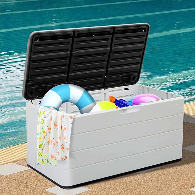 ZZM 110 Gallon Lockable Resin Deck Box, Waterproof Outdoor Storage Box for Patio Cushion Storage Cabinet and Tools Storage, White