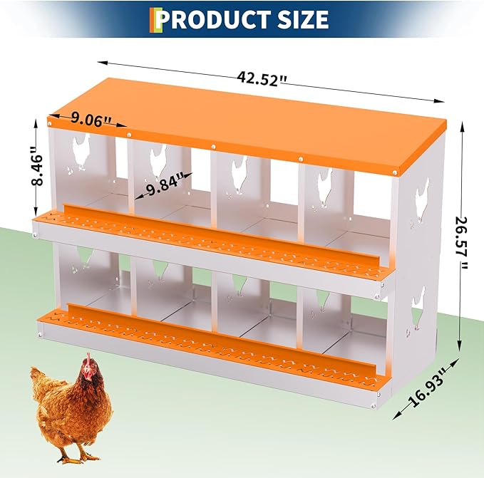 8-Compartment Chicken Nesting Box with Removable Tray - Metal Laying Boxes for Hens - Egg Rollaway Design, Wall Mount Farm Fresh Egg Collector, Hen Roosting Boxes for Chicken Coops