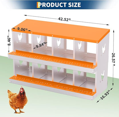 8-Compartment Chicken Nesting Box with Removable Tray - Metal Laying Boxes for Hens - Egg Rollaway Design, Wall Mount Farm Fresh Egg Collector, Hen Roosting Boxes for Chicken Coops