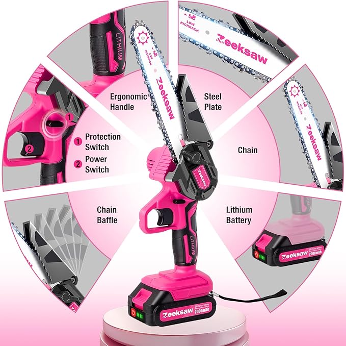 Pink Mini Chainsaw Cordless 6 inch - Electric Hand Held Chain Saw Battery Powered with Power Indicator - Rechargeable Portable Small Chainsaw for Women, Yard Tools Gifts for Gardeners Woman