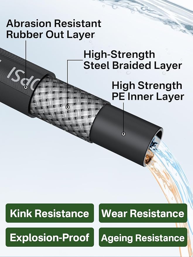 3/8" 4800PSI Pressure Washer Hose 100FT with Swivel Quick Connect for Cold/Hot Water Max 248°F, Kink Resistant Steel Wire Braided, Wear Resistant Power Washer Hose with M22 14mm Adapter