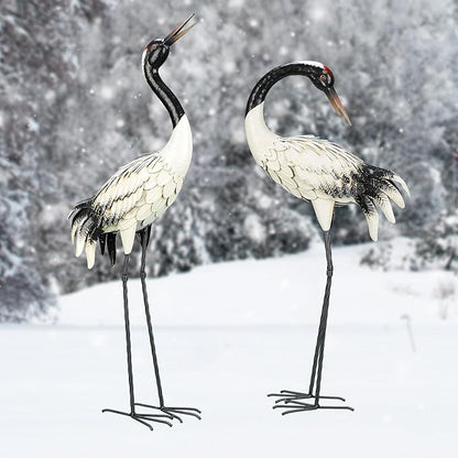 chisheen Garden Crane Statues Outdoor Heron Red Crowned Crane Metal Yard Art Sculpture,Set of 2
