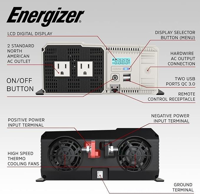 Energizer 3000W Pure Sine Wave Inverter 12V DC to 120V AC Converter for RV, Truck, Off-Grid Solar Power Inverter 12V to 110V W/QC 3.0A Each USB Port, AC Hardwire Port, Remote Cables Fuse Included
