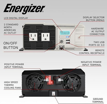 Energizer 3000W Pure Sine Wave Inverter 12V DC to 120V AC Converter for RV, Truck, Off-Grid Solar Power Inverter 12V to 110V W/QC 3.0A Each USB Port, AC Hardwire Port, Remote Cables Fuse Included