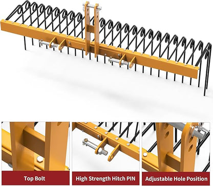 YITAMOTOR 60" Tow Behind Landscape Rake, 3 Point Quick Hitch Lawn Dethatcher Rakes with 26 Steel Tines for Category 1 Tractors, Heavy Duty Powder Coated Finish Tools for Leaves, Pine Needles, Straw
