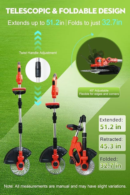 Cordless Weed Wacker, 12-Inch Electric Weed Wacker, Brushless Grass Trimmer with Wheels, 2×4.0Ah Batteries, Lightweight Electric Weed Eater with Telescoping Shaft for Lawn, Yard, Garden, Red