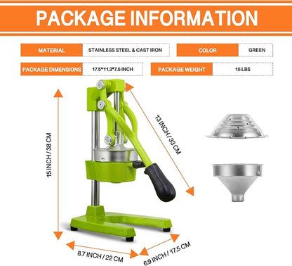 Commercial Heavy Duty Cast Iron Hand Press Manual Orange Citrus Lemon Lime Grapefruit Pomegranate Fruit Juice Squeezer Machine with Stainless Steel Cup Green