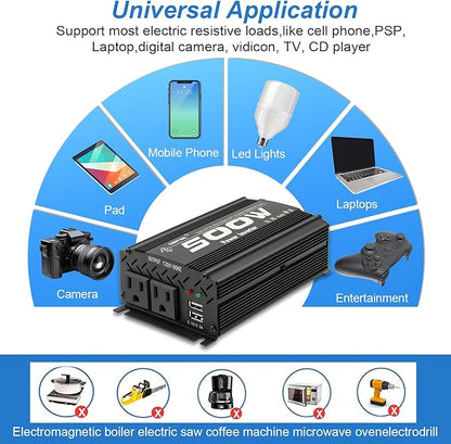 500W Modified Sine Wave Power Inverter DC 12V to AC 110V, Peak 1000Watt, Car Plug Inverter Adapter Power Converter with 4.2A Dual USB Charging Ports Black