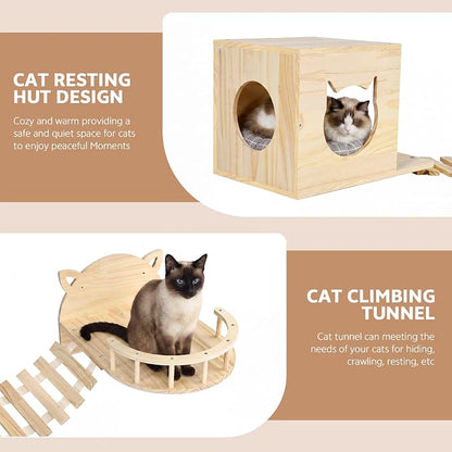 Wood Cat Climbing Furniture Set with Floor to Ceiling Cat Tree | 6 Tier Cat Tower Adjustable Height (95-110in) and Wall Mounted Cat Shelves, with Cat Scratching Post, House, Condo, Burlywood