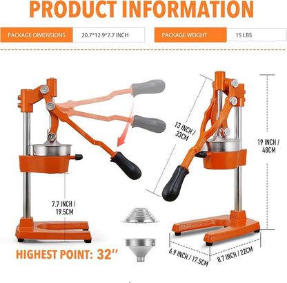 19 Inch Height Extra Tall Commercial Heavy Duty Cast Iron Hand Press Manual Orange Citrus Lemon Lime Grapefruit Pomegranate Fruit Juice Squeezer Machine with Stainless Steel Cup