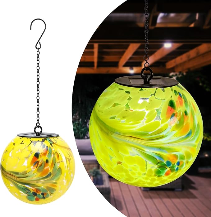 Solar Hanging Lanterns Outdoor Solar Glaze Glass Lantern Gazing Ball Globe Hanging Outdoor Lights for Garden Yard Home Decoration Yellow