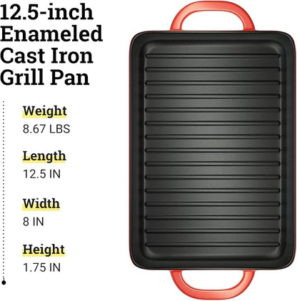 Lodge 12.5 x 8 Inch Enamel Cast Iron Grill Pan - Dual Assist Handles - Use in the Oven, on the Stove, on the Grill, or Over a Campfire - Red