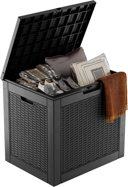 31 Gallon Waterproof Outdoor Resin Deck Box with Lockable Lid, Stylish Wicker Pattern, Easy Assembly Features and Convenient Handles For Patio Cushion, and other Patio Furniture (Black)