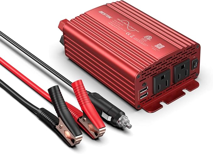 BESTEK 300Watt Pure Sine Wave Power Inverter - DC 12V to AC 110V Car Plug Inverter Adapter, Power Converter with 4.8A Dual USB Charging Ports and 2 AC Outlets Car Charger