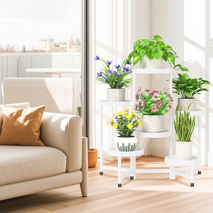 iDavosic.ly 6 Tier Folding Plant Stand Indoor Outdoor with Plastic Tray, Tiered Corner Flower Holder Shelf, Metal Orchid Display Rack for Patio Porch Living Room Garden Balcony, White