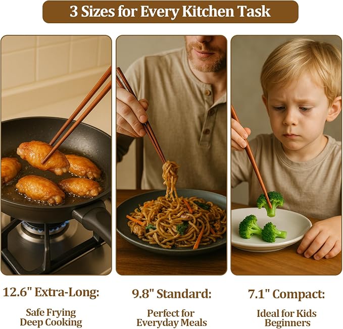 Cooking Chopsticks 3 Sizes Wooden Kitchen Cooking Chopsticks Tongs for Frying Mixing & Serving Ideal for Family, Restaurant & Gift (10 Pairs)