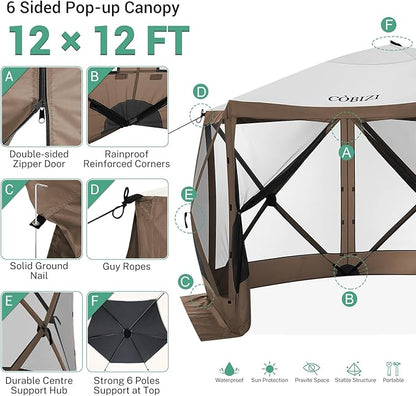 COBIZI 12x12ft Pop up Gazebo Screen Tent Screen House for Camping, Camping Outdoor Screened Gazebo with Mosquito Netting, Portable Hub Tent with Carrying Bag and Ground Stakes, Brown(Upgraded 2.0)