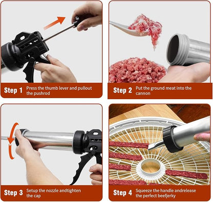 Hoypeyfiy Stainless Steel Jerky Gun Kit, Beef Jerky Maker Gun for Ground Meat, Manual Sausage Stuffer and Salami Maker with 5 Stainless Steel Nozzles, Meat Pusher and Cleaning Brushes