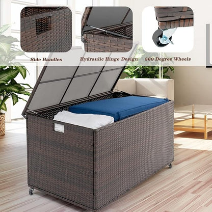 Outdoor 170 Gallon Water-Resistant Wicker Storage Box with Wheels, PE Rattan Deck Box with Waterproof Liner for Outside, Patio Storage Container with Hinged Lid, Horizontal Bin, Brown